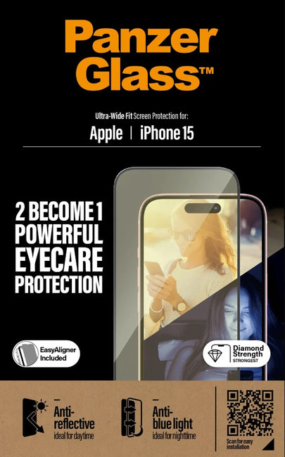 Tvrdené sklo UWF Eyecare s aplikátorom pre iPhone 15, čierna