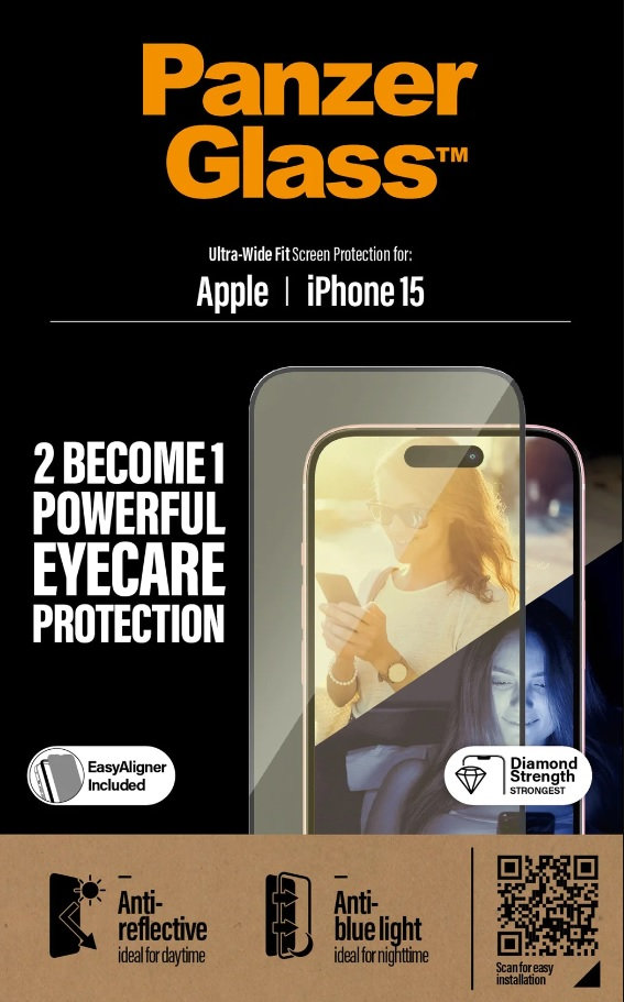 Tvrdené sklo UWF Eyecare s aplikátorom pre iPhone 15, čierna