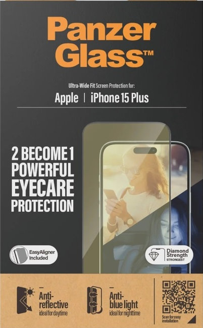 Tvrdené sklo UWF Eyecare s aplikátorom pre iPhone 15 Plus, čierna