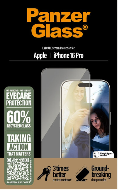 Tvrdené sklo UWF Eyecare s aplikátorom pre iPhone 16 Pro, čierna