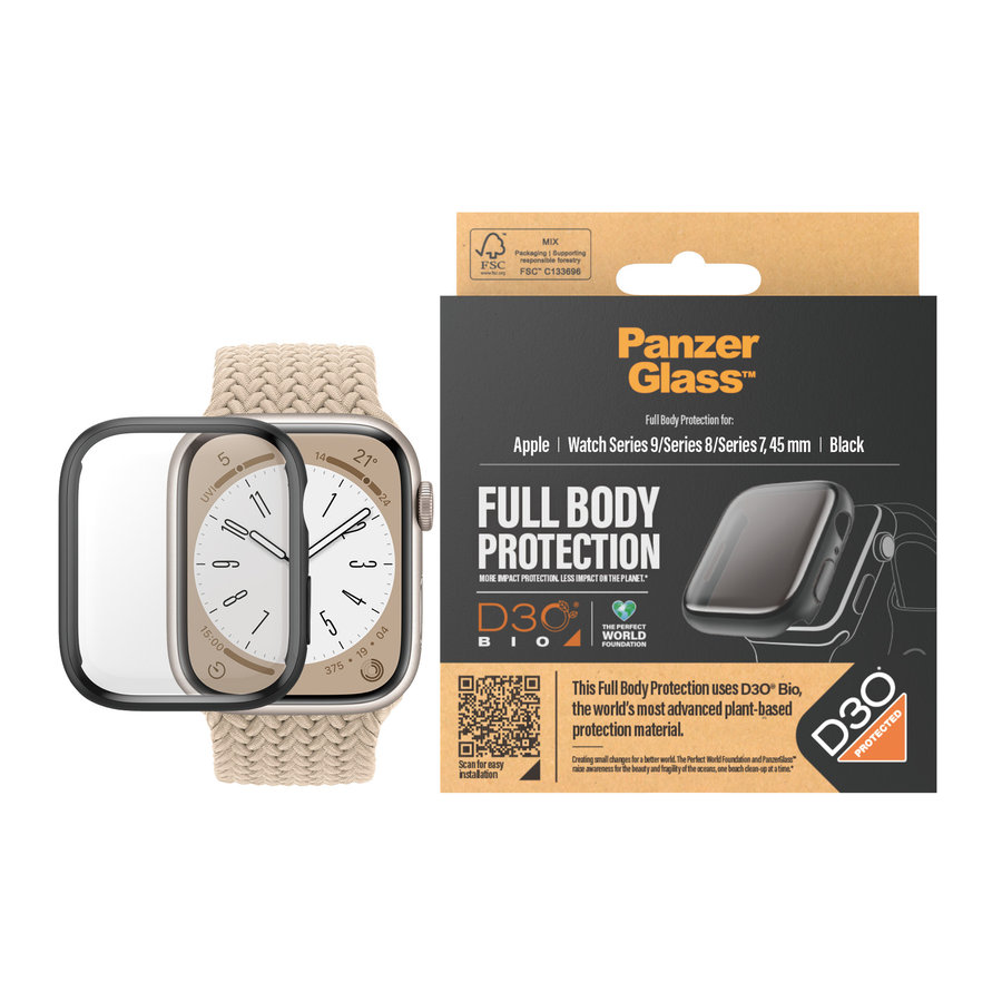 Tvrdené sklo Full Body D3O pre Apple Watch 9/8/7 45 mm, čierna