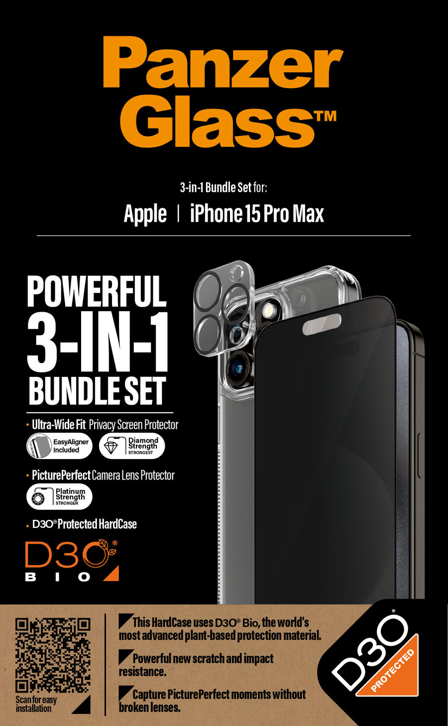 Bundle PicturePerfect + Tvrdené sklo UWF Privacy + Hard Case D3O pre iPhone 15 Pro Max