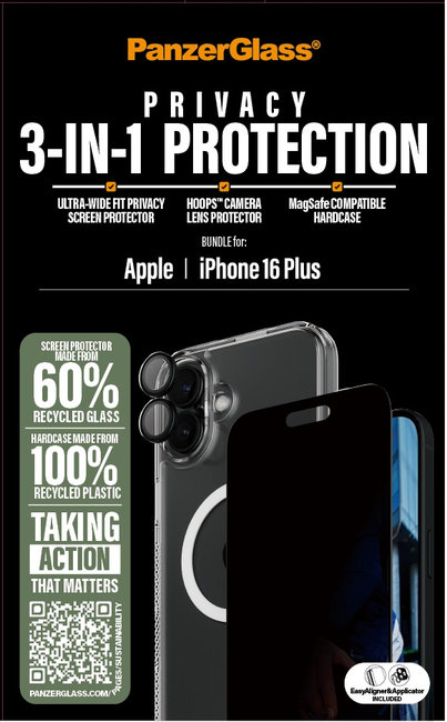 Bundle Hoops + Tvrdené sklo UWF Privacy + Hard Case pre iPhone 16 Plus