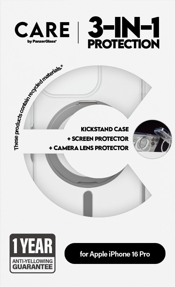 CARE - Bundle Hoops Ceramic + Tvrdené sklo UWF Ceramic + Puzdro Kickstand pre iPhone 16 Pro