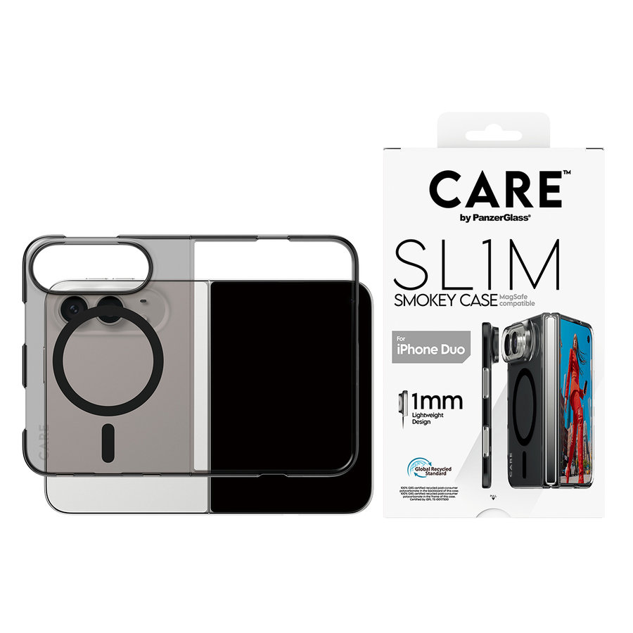 CARE - Puzdro SL1M Smokey s čiernym MagSafe pre iPhone Duo, transparentná