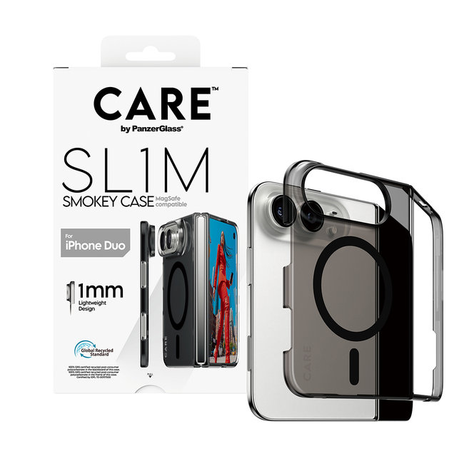 CARE - Puzdro SL1M Smokey s čiernym MagSafe pre iPhone Duo, transparentná