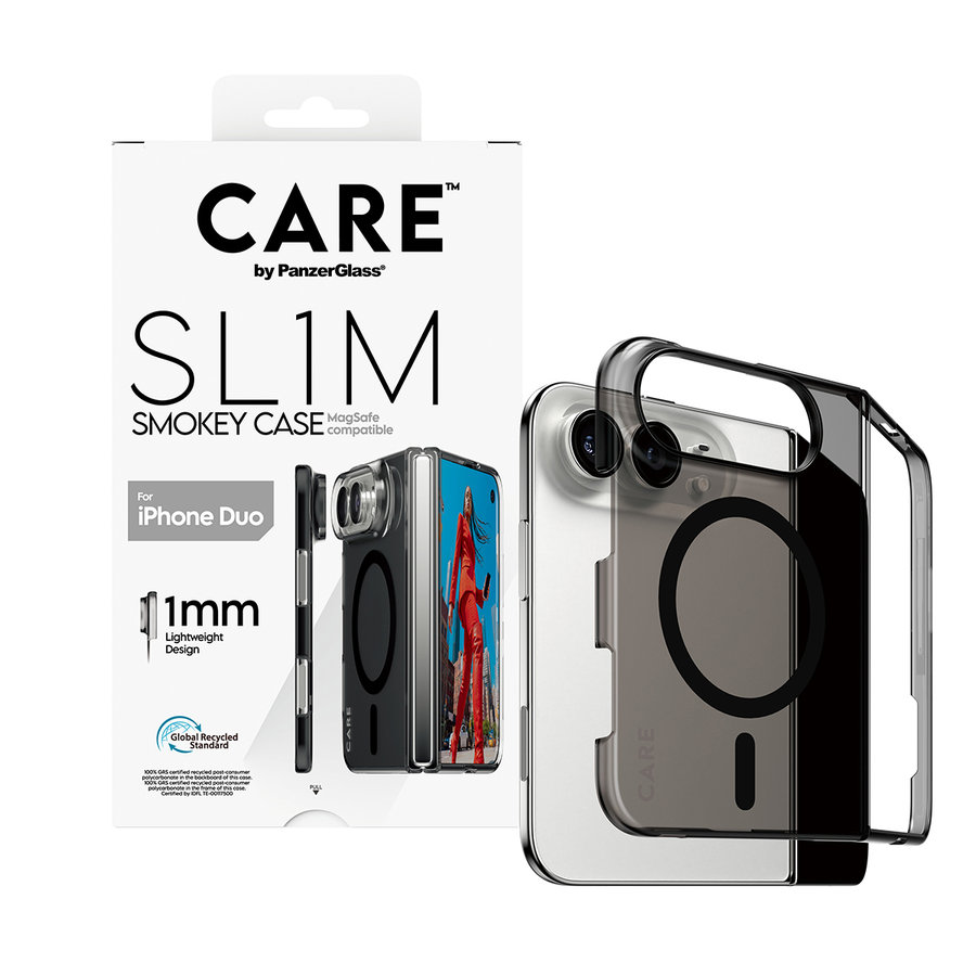 CARE - Puzdro SL1M Smokey s čiernym MagSafe pre iPhone Duo, transparentná
