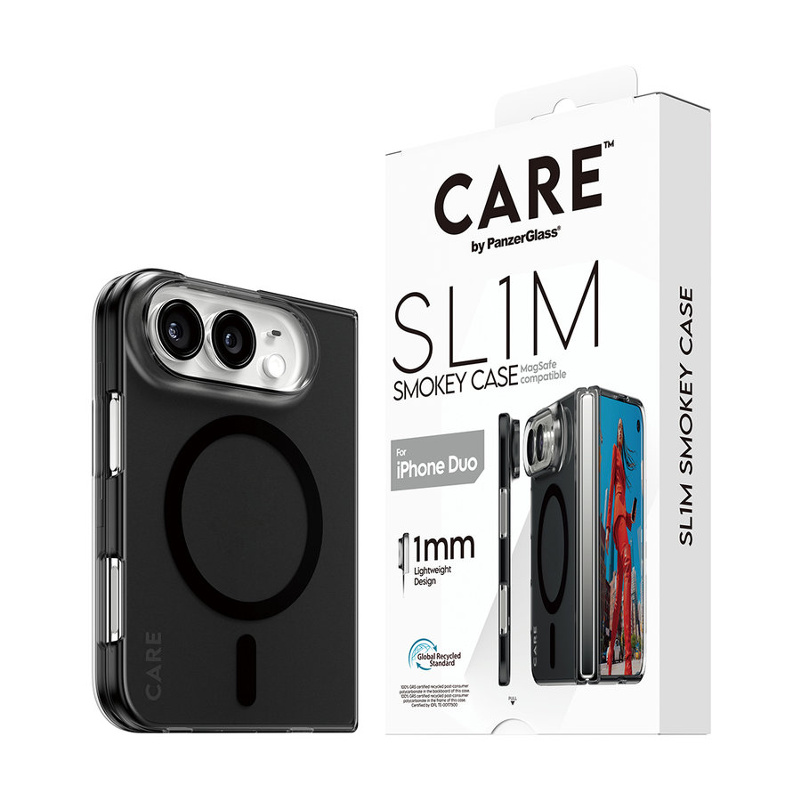 CARE - Puzdro SL1M Smokey s čiernym MagSafe pre iPhone Duo, transparentná