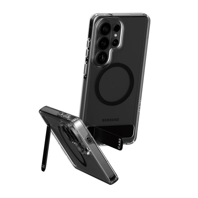 CARE - Puzdro Kickstand s čiernym QI pre Samsung Galaxy S26 Ultra, transparentná