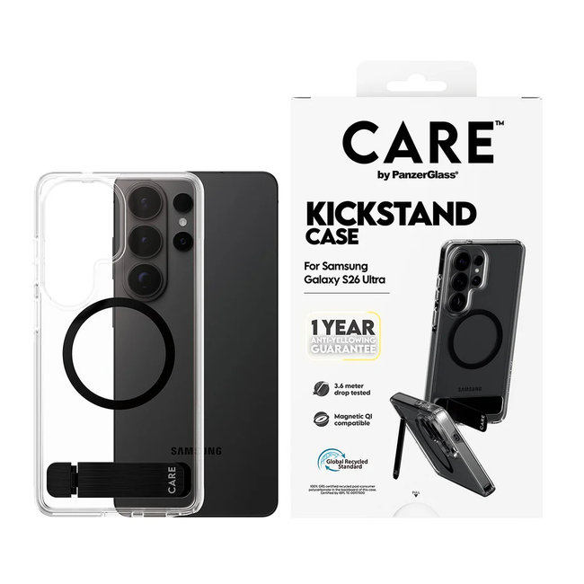 CARE - Puzdro Kickstand s čiernym QI pre Samsung Galaxy S26 Ultra, transparentná