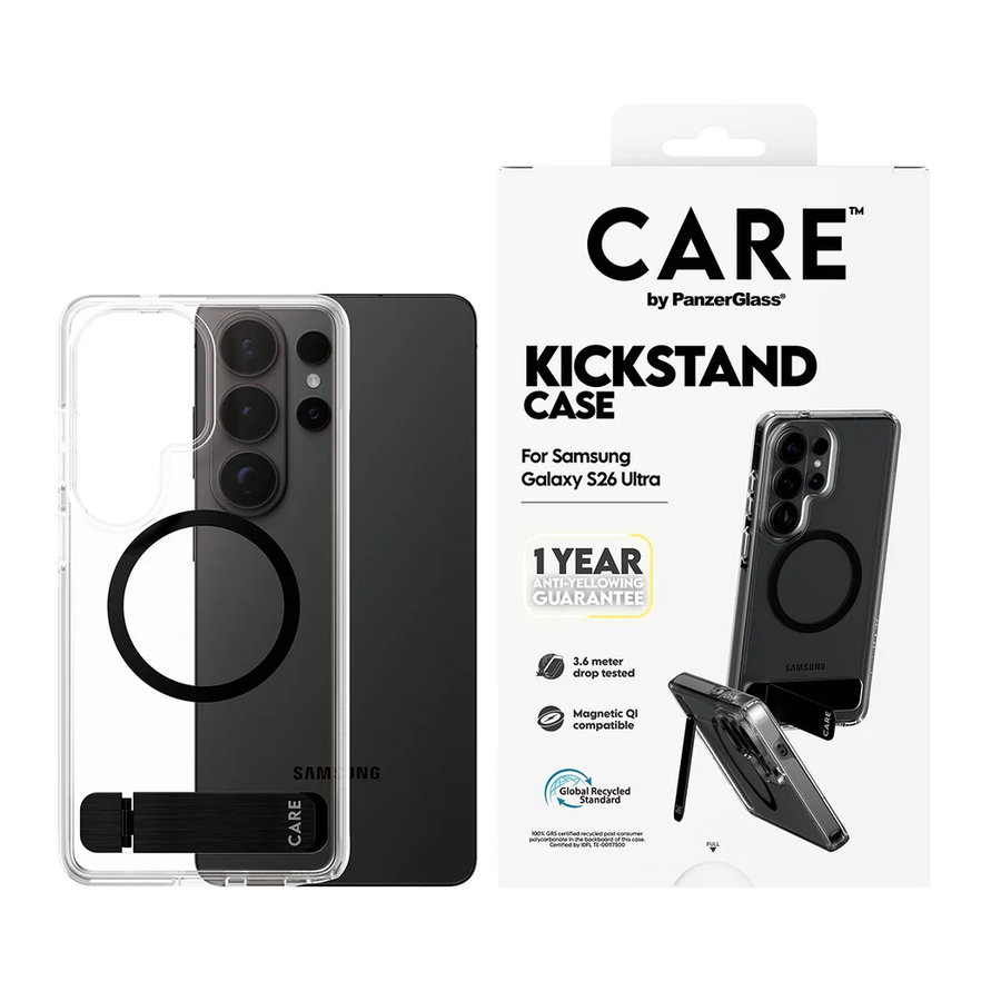 CARE - Puzdro Kickstand s čiernym QI pre Samsung Galaxy S26 Ultra, transparentná