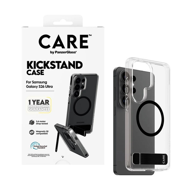 CARE - Puzdro Kickstand s čiernym QI pre Samsung Galaxy S26 Ultra, transparentná