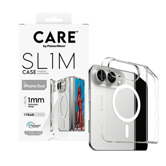 CARE - Puzdro SL1M s bielym MagSafe pre iPhone Duo, transparentná