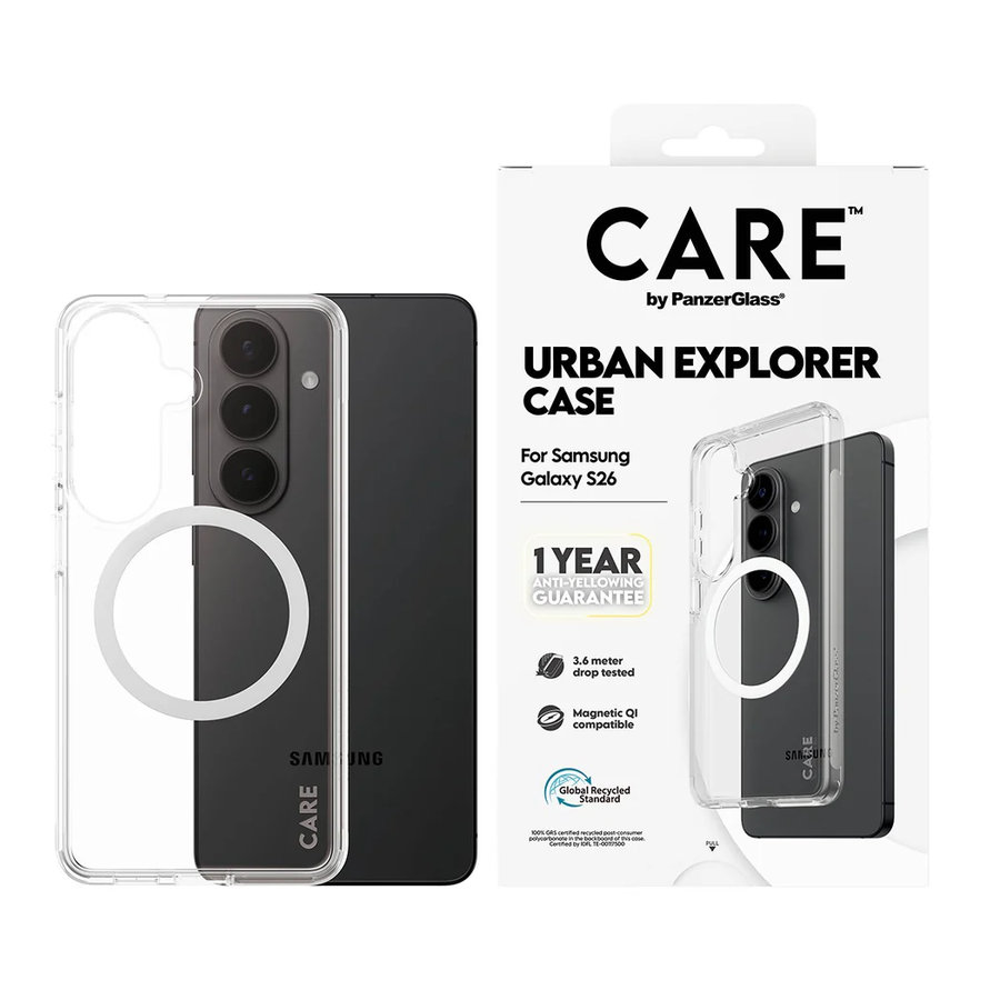 CARE - Puzdro Urban Explorer s bielym QI pre Samsung Galaxy S26, transparentná