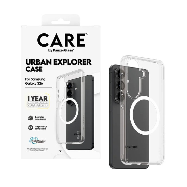 CARE - Puzdro Urban Explorer s bielym QI pre Samsung Galaxy S26, transparentná