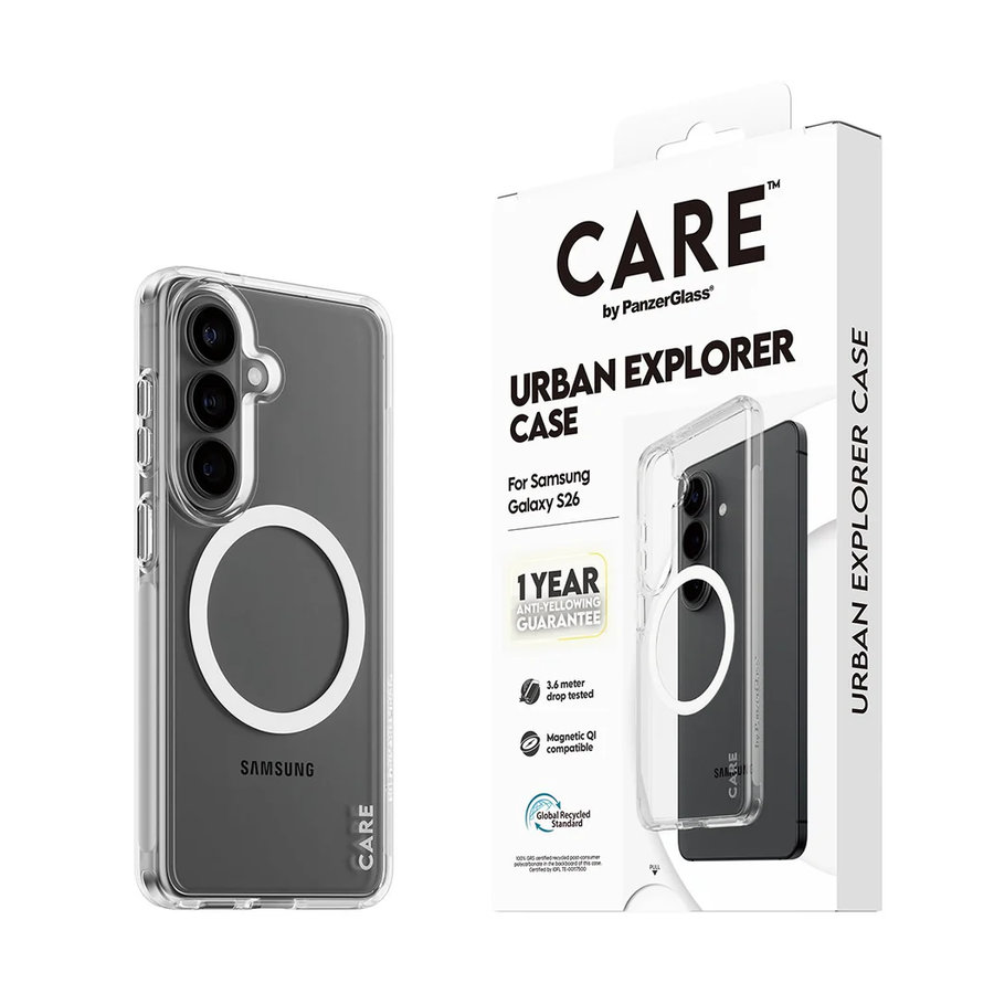 CARE - Puzdro Urban Explorer s bielym QI pre Samsung Galaxy S26, transparentná