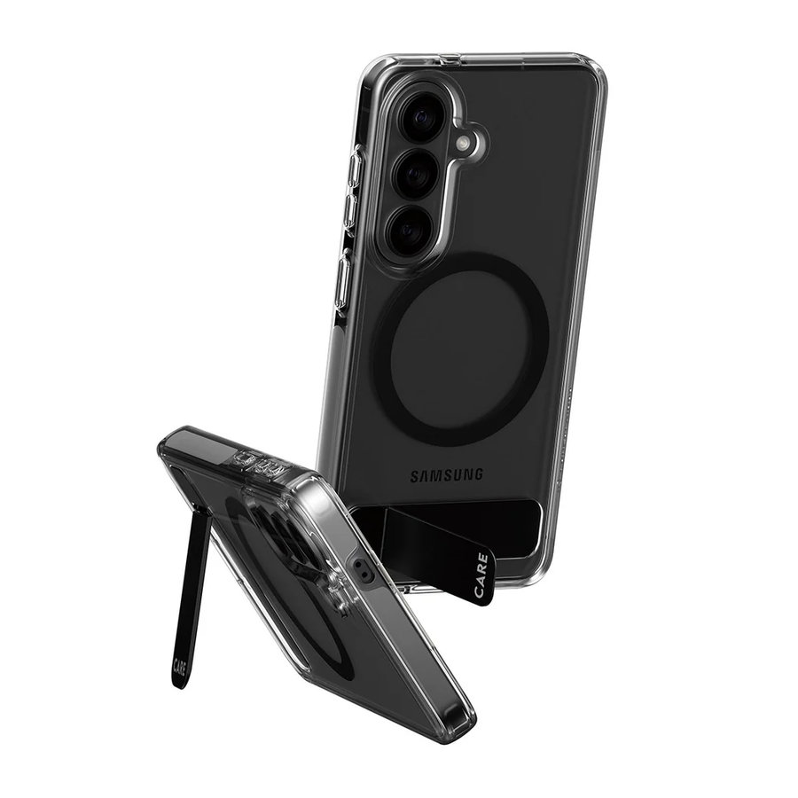 CARE - Puzdro Kickstand s čiernym QI pre Samsung Galaxy S26, transparentná