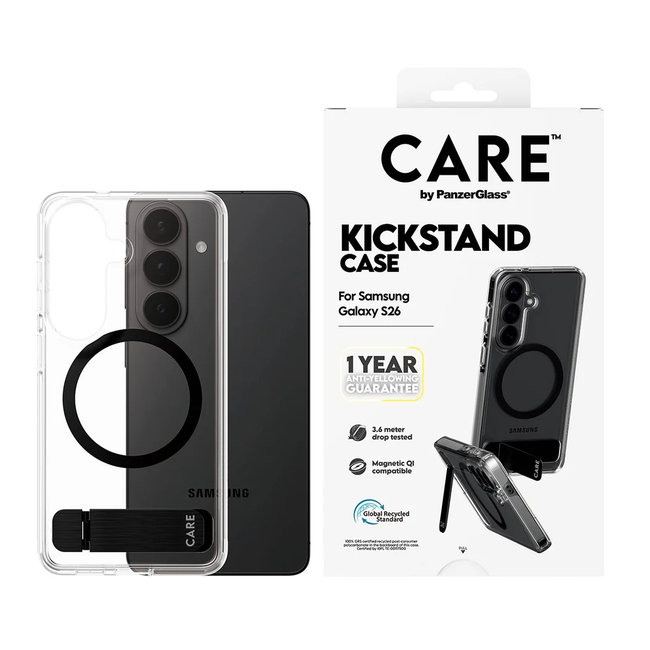 CARE - Puzdro Kickstand s čiernym QI pre Samsung Galaxy S26, transparentná
