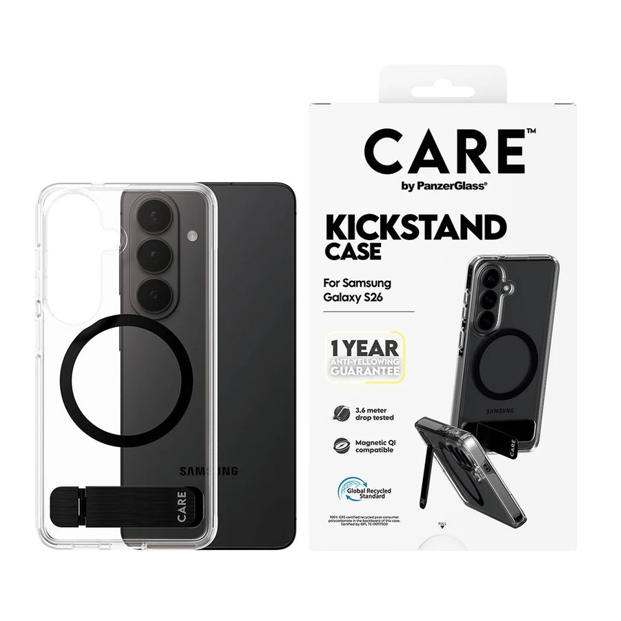 CARE - Puzdro Kickstand s čiernym QI pre Samsung Galaxy S26, transparentná