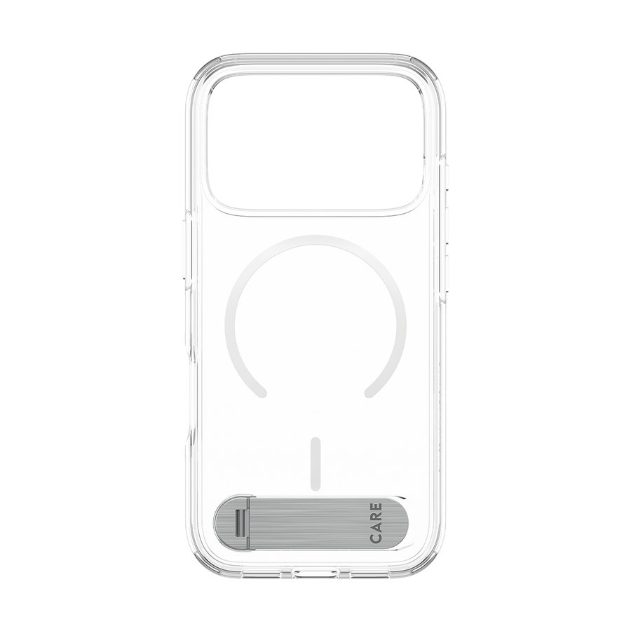 CARE - Puzdro Kickstand s bielym MagSafe pre iPhone 18 Pro/17 Pro, transparentná
