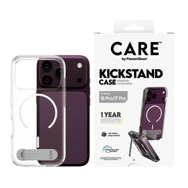 CARE - Puzdro Kickstand s bielym MagSafe pre iPhone 18 Pro/17 Pro, transparentná