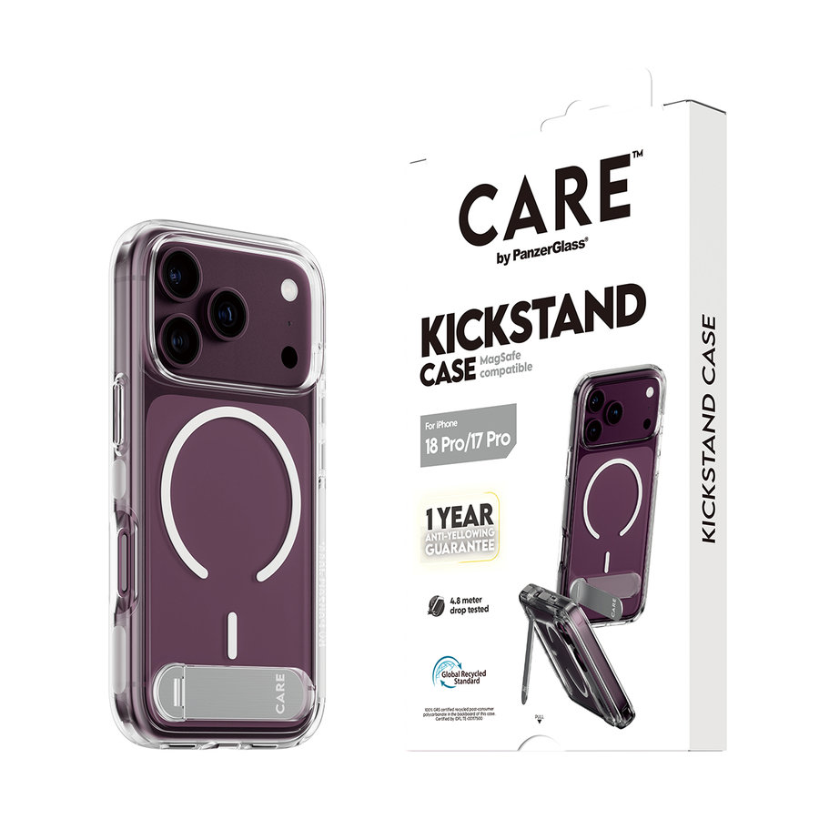 CARE - Puzdro Kickstand s bielym MagSafe pre iPhone 18 Pro/17 Pro, transparentná