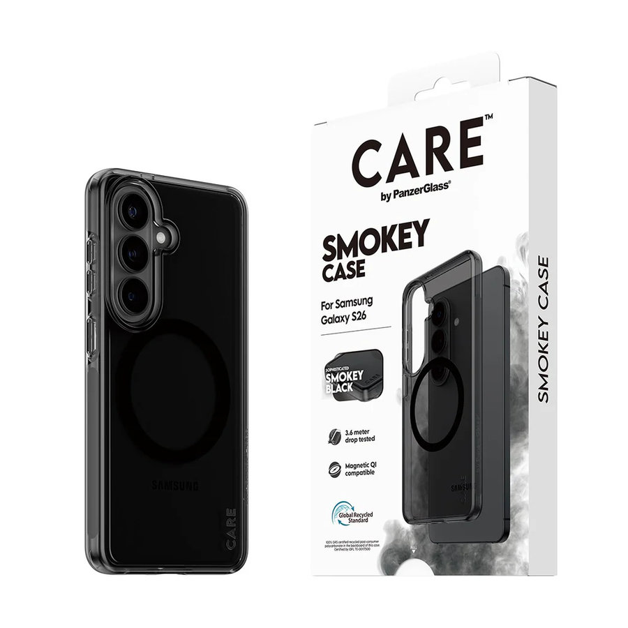 CARE - Puzdro Smokey s čiernym QI pre Samsung Galaxy S26, čierna