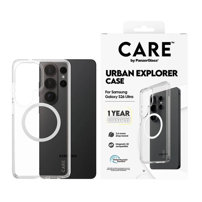 CARE - Puzdro Urban Explorer s bielym QI pre Samsung Galaxy S26 Ultra, transparentná