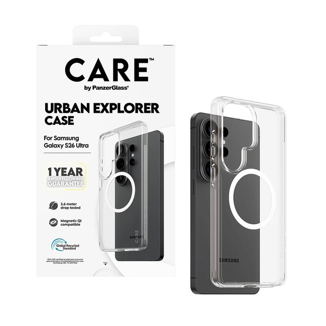 CARE - Puzdro Urban Explorer s bielym QI pre Samsung Galaxy S26 Ultra, transparentná