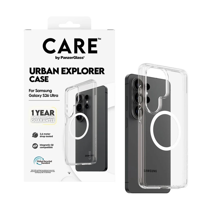 CARE - Puzdro Urban Explorer s bielym QI pre Samsung Galaxy S26 Ultra, transparentná