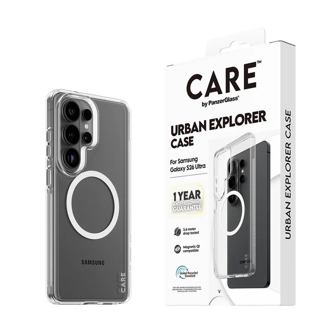 CARE - Puzdro Urban Explorer s bielym QI pre Samsung Galaxy S26 Ultra, transparentná