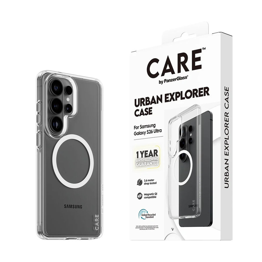 CARE - Puzdro Urban Explorer s bielym QI pre Samsung Galaxy S26 Ultra, transparentná