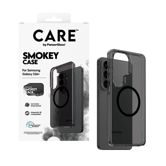 CARE - Puzdro Smokey s čiernym QI pre Samsung Galaxy S26+, čierna