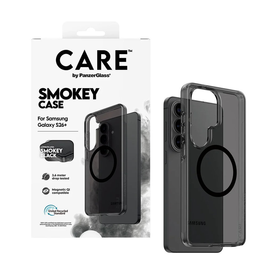 CARE - Puzdro Smokey s čiernym QI pre Samsung Galaxy S26+, čierna