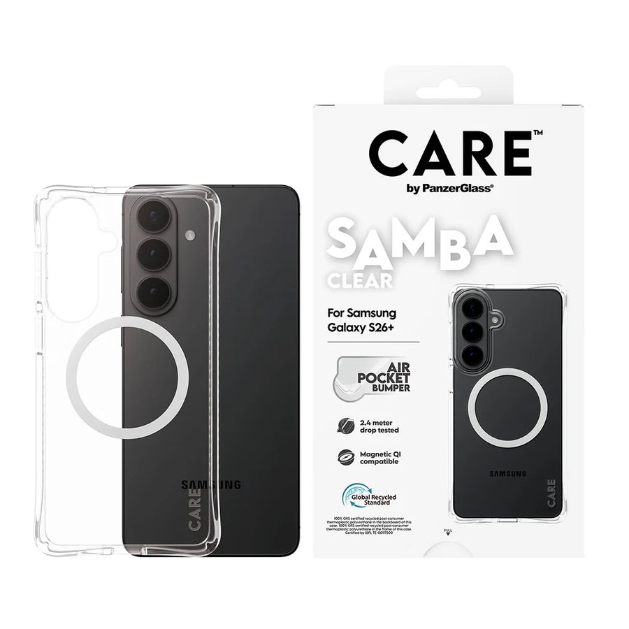 CARE - Puzdro Samba s bielym QI pre Samsung Galaxy S26+, transparentná