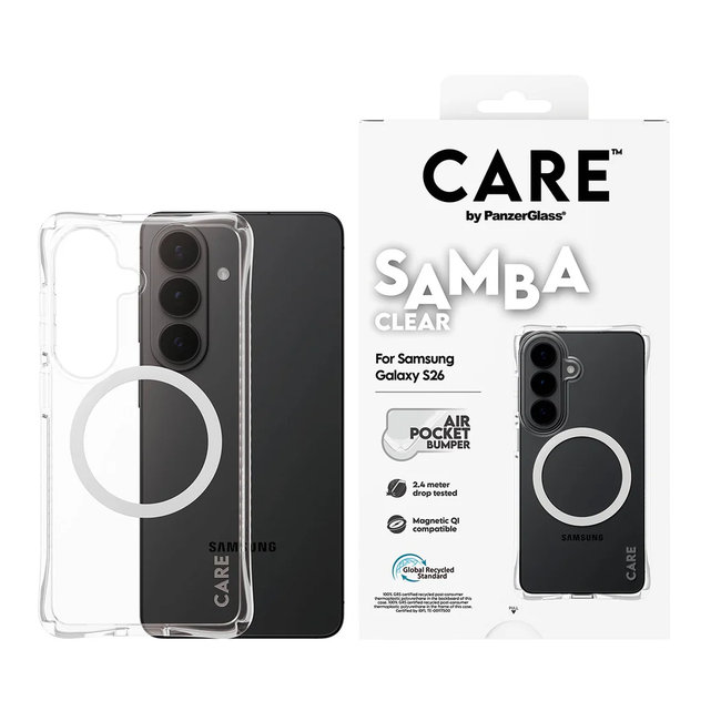 CARE - Puzdro Samba s bielym QI pre Samsung Galaxy S26, transparentná