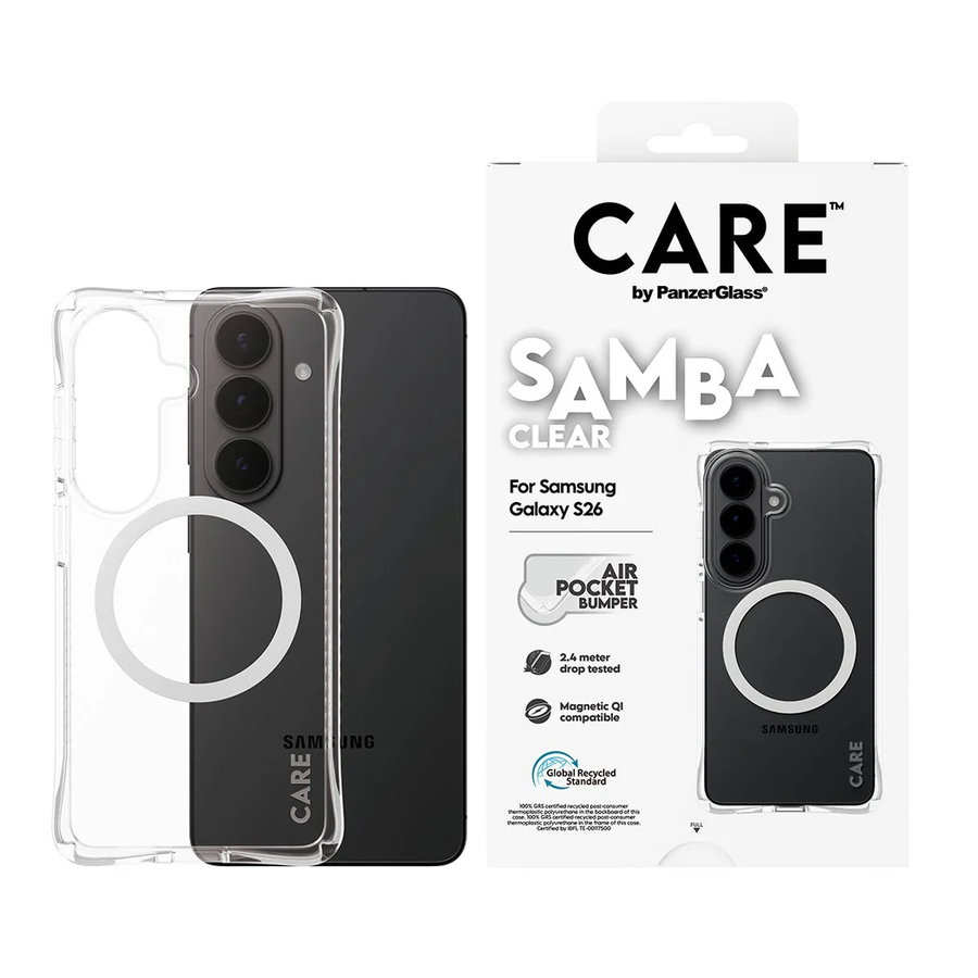 CARE - Puzdro Samba s bielym QI pre Samsung Galaxy S26, transparentná