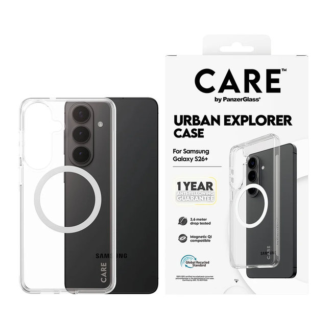 CARE - Puzdro Urban Explorer s bielym QI pre Samsung Galaxy S26+, transparentná