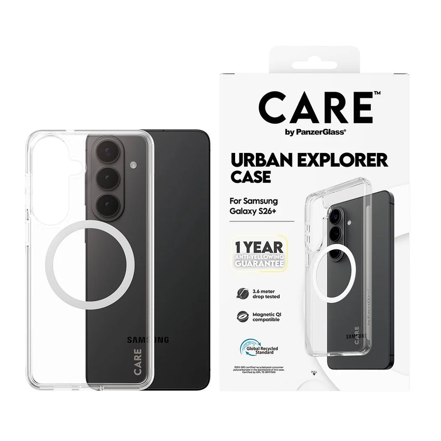 CARE - Puzdro Urban Explorer s bielym QI pre Samsung Galaxy S26+, transparentná