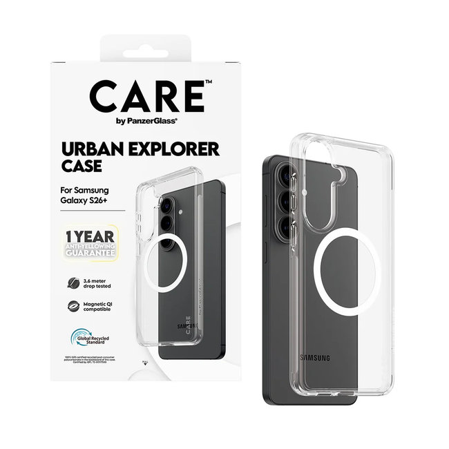 CARE - Puzdro Urban Explorer s bielym QI pre Samsung Galaxy S26+, transparentná