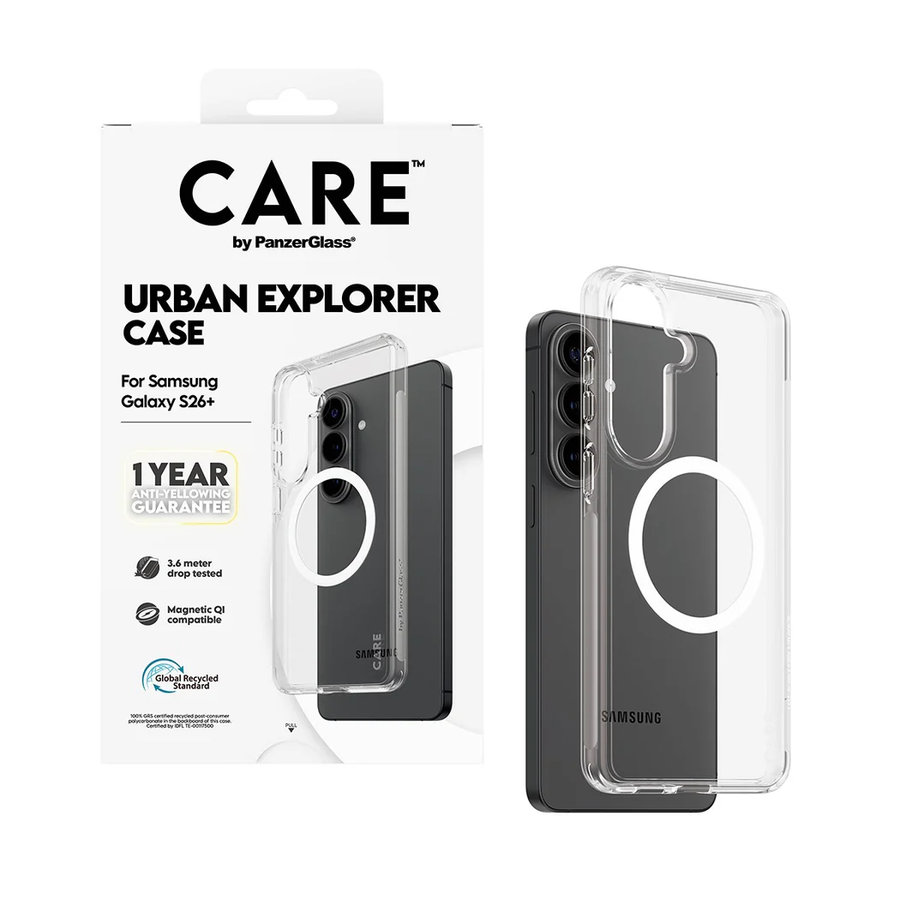 CARE - Puzdro Urban Explorer s bielym QI pre Samsung Galaxy S26+, transparentná