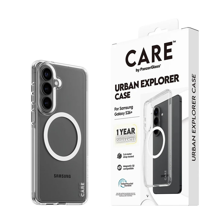 CARE - Puzdro Urban Explorer s bielym QI pre Samsung Galaxy S26+, transparentná