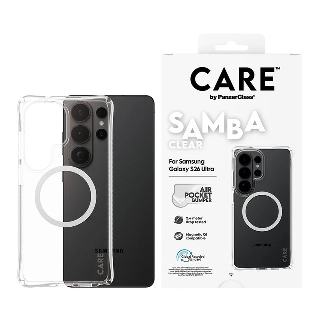 CARE - Puzdro Samba s bielym QI pre Samsung Galaxy S26 Ultra, transparentná
