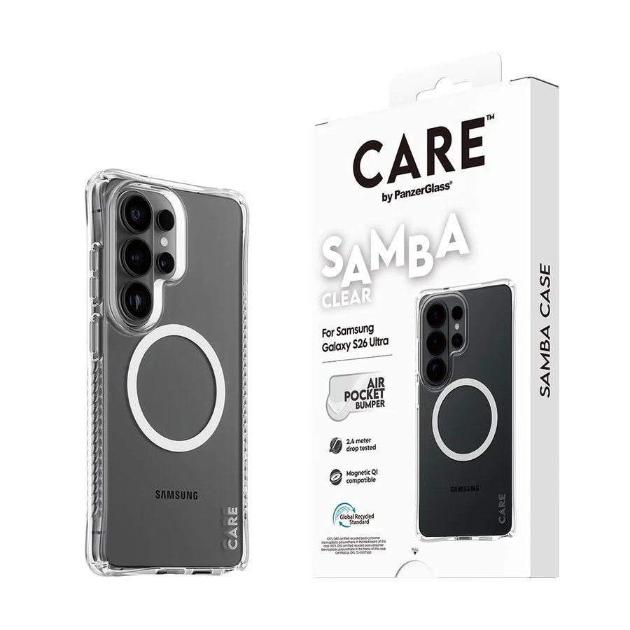 CARE - Puzdro Samba s bielym QI pre Samsung Galaxy S26 Ultra, transparentná