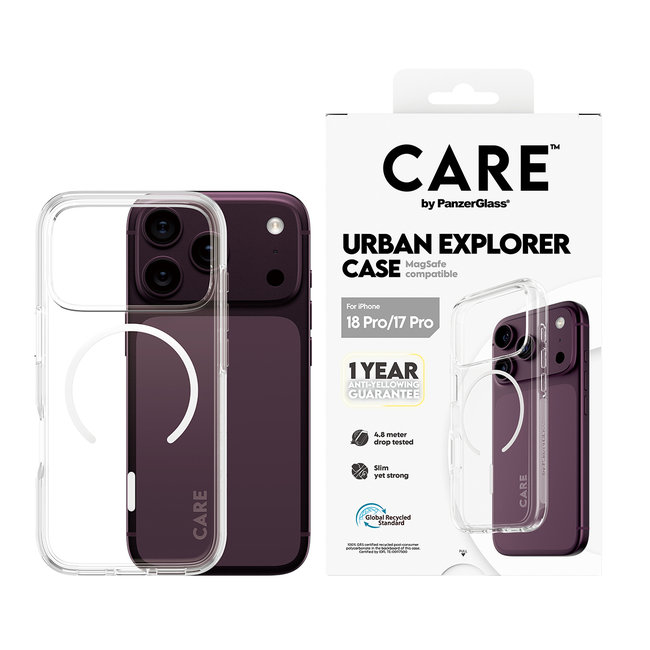 CARE - Puzdro Urban Explorer s bielym MagSafe pre iPhone 18 Pro/17 Pro, transparentná