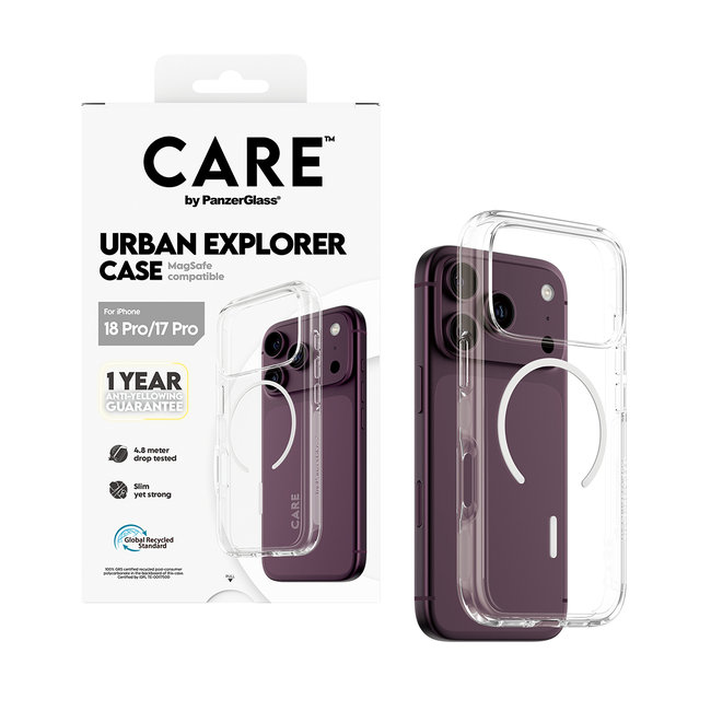 CARE - Puzdro Urban Explorer s bielym MagSafe pre iPhone 18 Pro/17 Pro, transparentná