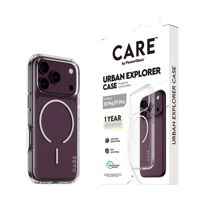 CARE - Puzdro Urban Explorer s bielym MagSafe pre iPhone 18 Pro/17 Pro, transparentná