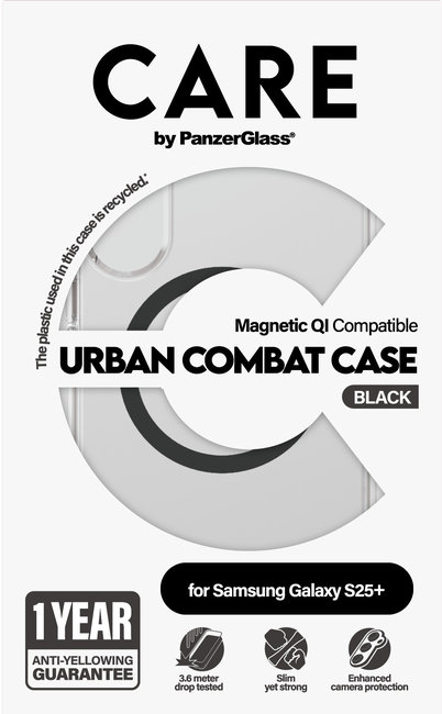 CARE - Puzdro Urban Combat s čiernym QI pre Samsung Galaxy S25+, transparentná