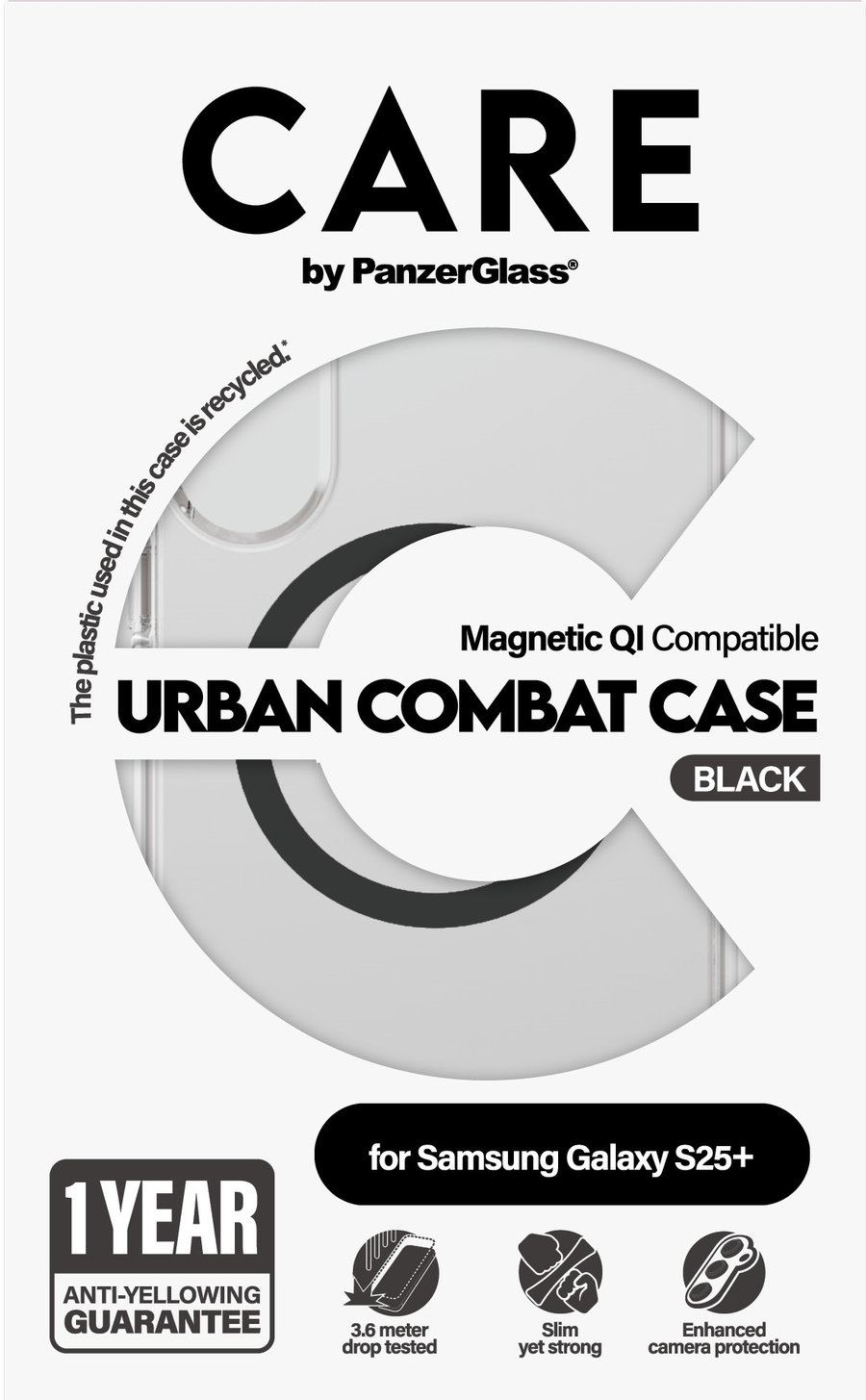 CARE - Puzdro Urban Combat s čiernym QI pre Samsung Galaxy S25+, transparentná