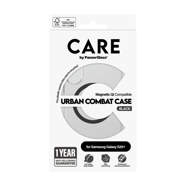 CARE - Puzdro Urban Combat s čiernym QI pre Samsung Galaxy S25+, transparentná